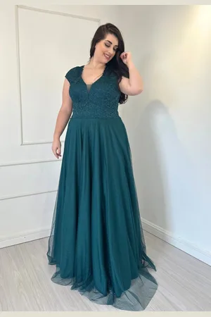 Cia do Vestido Vestido Longo de Festa Plus Size Curvy Micro tule com Brilho Renda Lyanne Petróleo