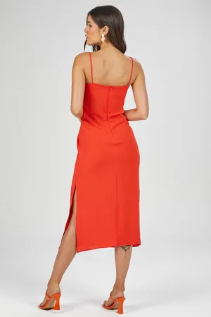 Vestido midi justo com amarração laranja PKS