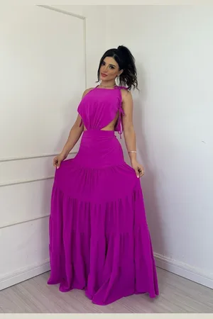 Cia do Vestido Vestido Longo Abertura Lateral Amarração Elegante Grécia Fúcsia