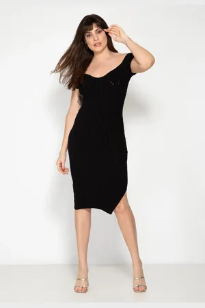 Pink Tricot Vestido Midi de Tricô Ombro a Ombro Festa Feminino Preto