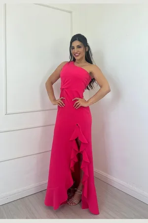 Cia do Vestido Vestido Longo de Festa Um Ombro Fenda com Babados Crepe Veronny