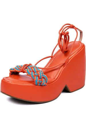 Flor da Pele Sandália Feminina Anabela 182154 Napa Laranja e Azul Celeste