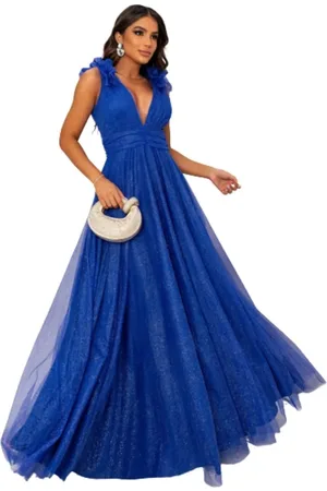 Cia do Vestido Vestido Longo de Festa Madrinhas com decote em V Detalhes nos Ombros Gylane Azul Bic