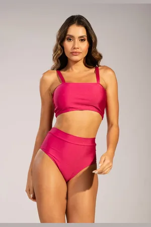 VEKYO Biquíni Top Faixa Hot Pants Liso Cintura Alta Verão Rosa