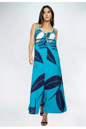 Amazonia Vital Vestido Longo Caçuá Viscose Alça Fina Estampa Imbé Blue