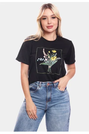 ADRIBEN Tshirt Blusa Feminina Flores Retângulo Estampada Manga Curta Camiseta Camisa