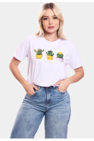 ADRIBEN Tshirt Blusa Feminina Cactos Estampada Manga Curta Camiseta Camisa