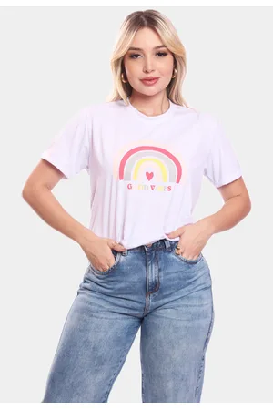 ADRIBEN Tshirt Blusa Feminina Arco Iris Estampada Manga Curta Camiseta Camisa