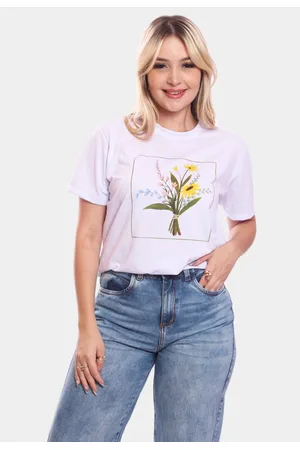 ADRIBEN Tshirt Blusa Feminina Flores Retângulo Estampada Manga Curta Camiseta Camisa