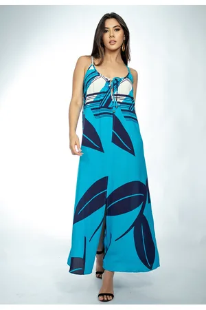 Amazonia Vital Vestido Longo Caçuá Viscose Alça Fina Estampa Imbé Blue