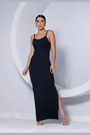 Cia do Vestido Vestido Longo Tubinho Alcinha Canelado com Fenda Pallomy