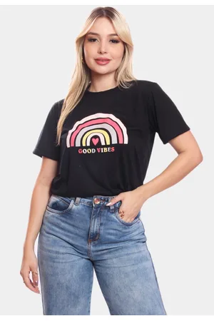 ADRIBEN Tshirt Blusa Feminina Arco Iris Estampada Manga Curta Camiseta Camisa