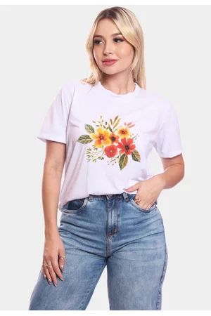 ADRIBEN Tshirt Blusa Feminina Ramo de Flores Estampada Manga Curta Camiseta Camisa