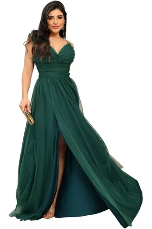 Cia do Vestido Vestido Longo de Festa Micro Tule Detalhe na Alcinha Marjorie Esmeralda