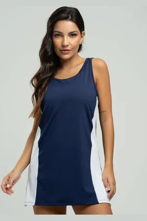 Vicbela Vestido Beach Tennis Feminino Tecido Proteção Uv 50+ Azul Marinho com Branco