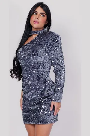 Cia do Vestido Vestido Curto Uma manga com Paetê e Ombreira Rafanelly