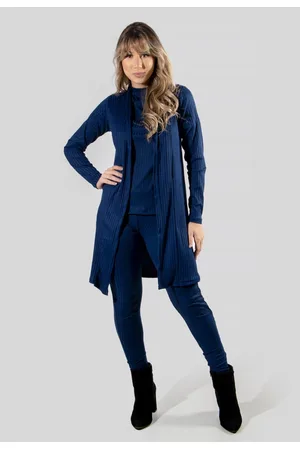 4 Estações Conjunto Canelado Manga Curta Blusa Canelada Calça Jogger e Cardigan Canelado Manga Longa Cintura Alta Liso