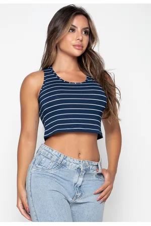 Bravaa Modas Cropped Regata Gola Redonda Listrada Feminina Regatinha Básica Moda Verão 102