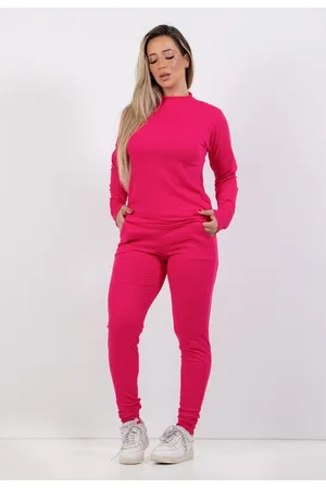 4 Estações Conjunto Canelado Manga Longa Blusa Canelada Calça Jogger Cintura Alta Liso Pink