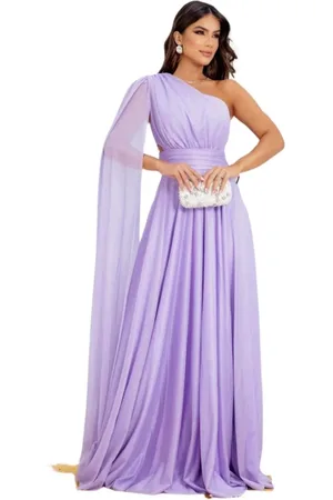 Cia do Vestido Vestido Longo de Festa Madrinhas Micro Tule com Brilho um Ombro Heresa Lavanda Lilás