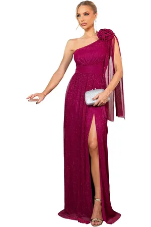 Cia do Vestido Vestido Longo De Festa Madrinhas Lurex Fio Metalizado Com Brilho um Ombro Phizze Fúcsia