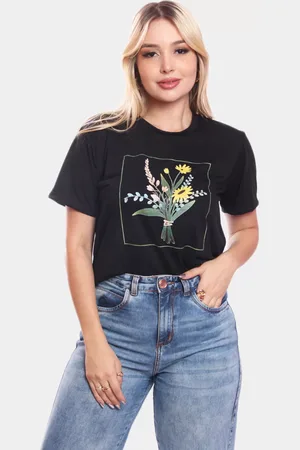 ADRIBEN Tshirt Blusa Feminino Flores Retângulo Estampada