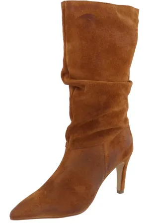 MARIA PAULA Bota Feminina Salto Fino Bico Fino Enrugada Slouchy Em Couro Camel