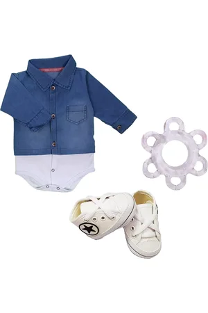 Koala Baby Infantil - Kit 3 Peças Body Jeans + Sapatinho e Mordedor Chocalho