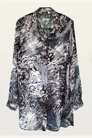 101 Resort Wear Chemise Vestido Saída Bolso Mangas Longas Crepe Semitransparente Estampado Abstrato Preto