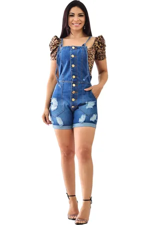 Macaquinho macacão jardineira jeans curto moda feminina - R$ 129.99, cor  Azul (de tecido) #131009, compre agora