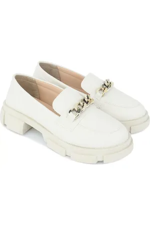 ALICIA Mocassim Feminino Tratorado Confortável Oxford com Corrente OFF WHITE