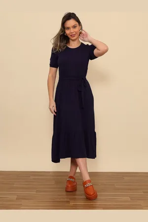 Aura Vestido Faixa Babado Liso Marinho