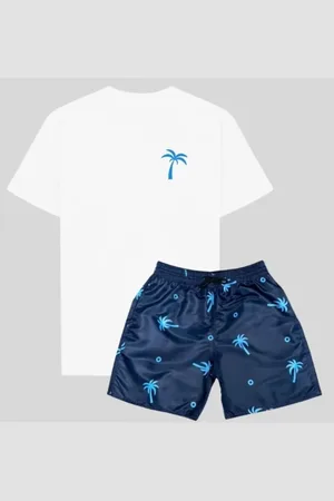 Relaxado Conjunto Masculino 2 pçs Camiseta Algodão Branca e Bermuda Tactel Estampada Azul Coqueiros