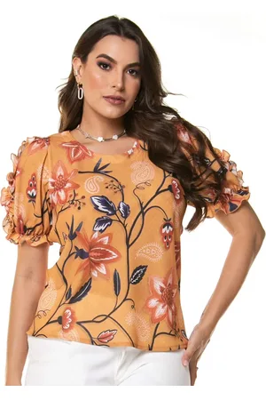 Art BLUSA ESTAMPADA COM MANGA FRANZIDA Fundo Laranja