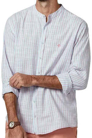 Dudalina Camisa Masculina Comfort Slub Cotton Listrada Rosa / Azul Claro