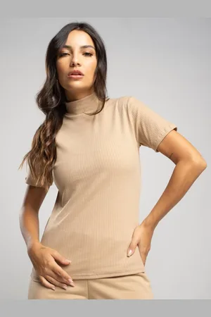 Vicbela Blusa Canelada Manga Curta Gola Alta