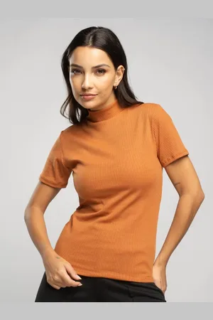 Vicbela Blusa Canelada Manga Curta Gola Alta Terracota