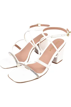 monté Sandália Feminina Donatella Shoes Bico Quadrado Salto Alto Trançada Strass Brilho Branco