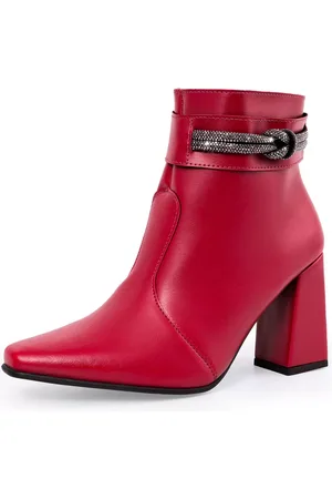 Lumiss Bota Feminina Strass Brilho Bico Fino Salto Alto Grosso Cano Curto Marsala