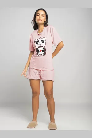 Vicbela Pijama Curto Feminino Manga Curta Malha Suede Adulto Rosa