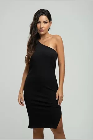 Vicbela Vestido Ombro Só Canelado Fenda Lateral Moda Casual Feminina