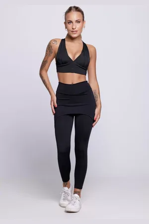 VEKYO Conjunto Top Bojo e Calça Saia Fitness Suplex Cintura Alta Alça Academia