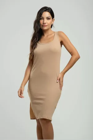 Vicbela Vestido Midi Regata Canelado Fenda Lateral Moda Casual Feminina