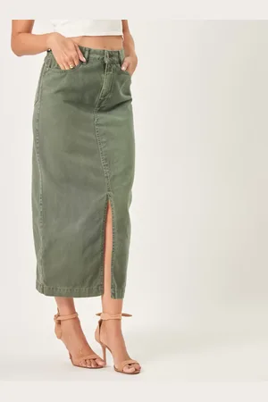 Bloom Saia Longa Jeans Color Fenda Frontal Verde Floresta