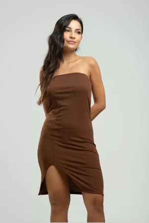 Vicbela Vestido Tomara Que Caia Canelado Fenda Lateral Moda Casual Feminina