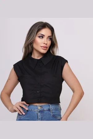 RAIZZIS Camisa Cropped Regata Pregas Bolso Preta