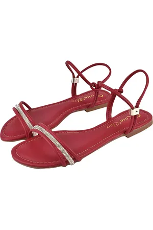 Rosa Chic Calçados Rasteirinha Sandália Feminina Flat Calce Fácil Strass Brilho Vermelho