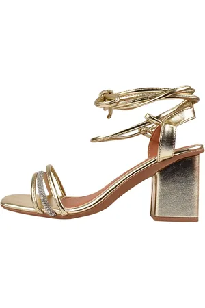 Rosa Chic Calçados Sandália Salto Grosso Feminino Salto Alto Bloco Amarração Brilho Strass Bico Quadrado Dourado