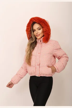 Cia do Vestido Jaqueta Puffer Xadrez Grossa Inverno Com Capuz Nathanny