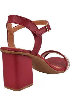 Rosa Chic Calçados Sandália Salto Grosso Feminino Salto Baixo Bloco Brilho Strass Bico Quadrado Vermelho